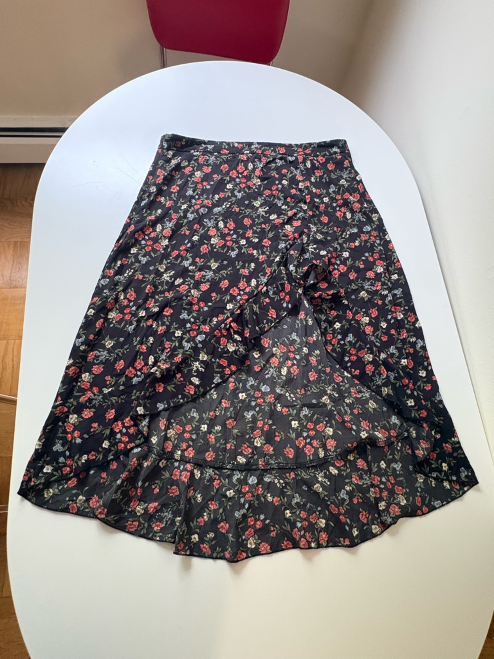 Black Floral Midi Skirt with Ruffle Hem